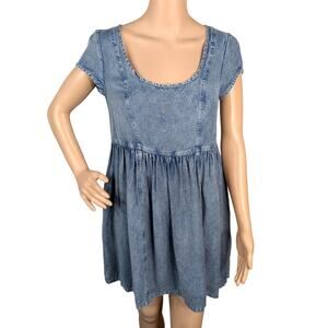 Urban Outfitters Ecote Chambray Blue Gathered Babydoll Mini Tunic Dress SZ XS